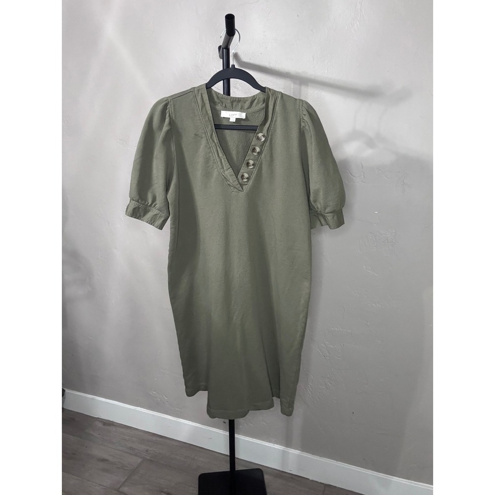 Loft Olive Green Short Puff Sleeve V-Neck Button Sweatshirt Shift Dress Large